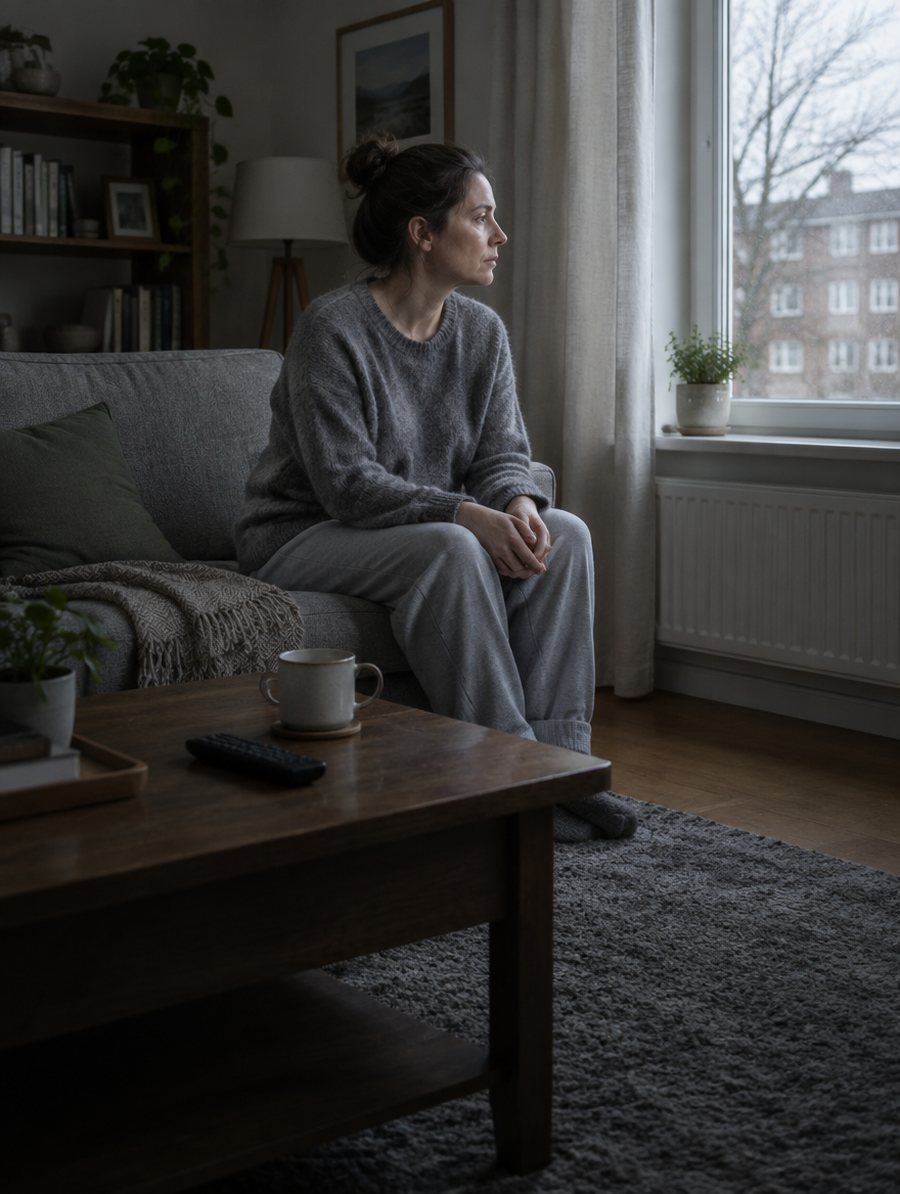 Mujer sentada en el borde del sofá mirando por la ventana