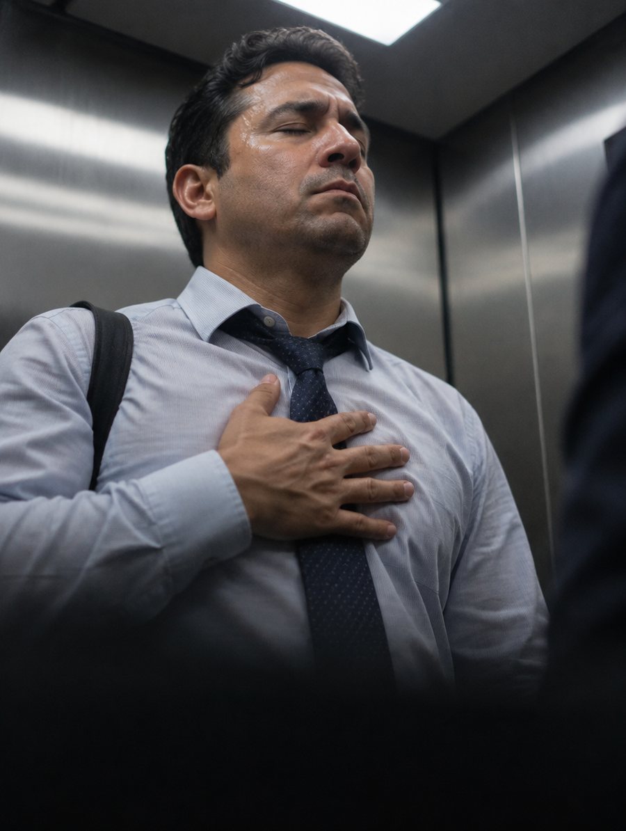 Hombre con la mano en el pecho en un ascensor