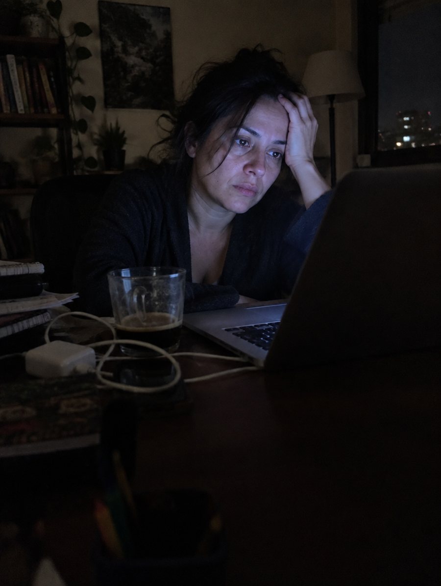 Mujer agotada frente al computador de noche