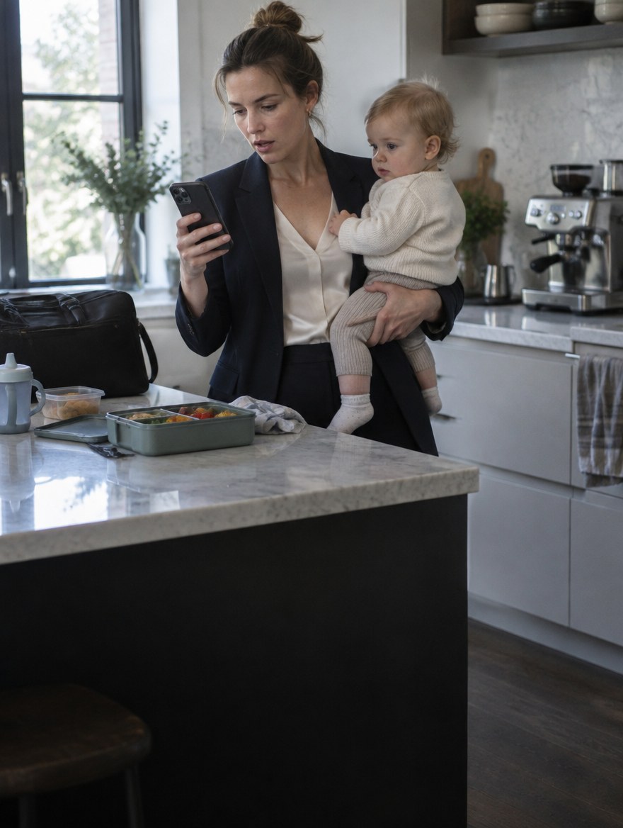 Madre vestida para la oficina, con el bebé en brazos, mirando el celular en la cocina